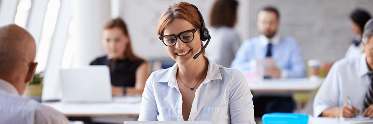 Business woman with headset on, service and support concept, customer service call